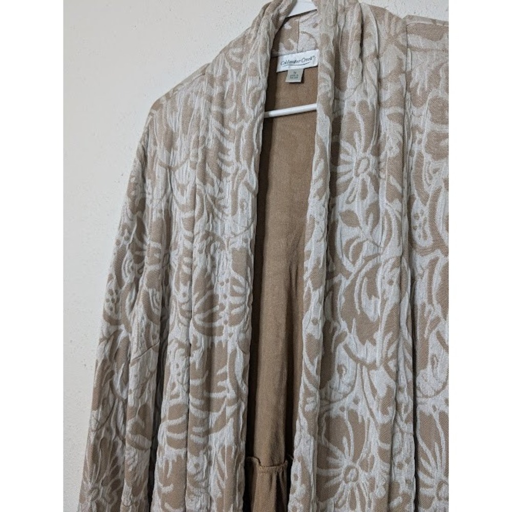 Coldwater Creek Cardigan Size 1X Travel Floral Stretch Tan White Boho Artsy - Picture 2 of 5